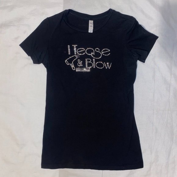 I Tease & Blow Funny Cosmetologist Rhinestone Crystal Logo Black Tshirt - S - Picture 1 of 6